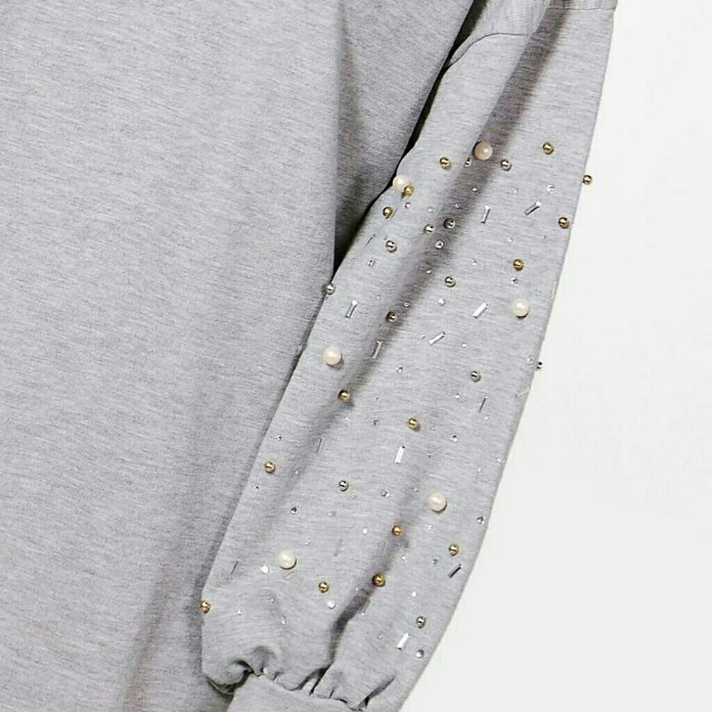 Grey sweatshirt dress pearls embellished bell - Picture 2 of 7
